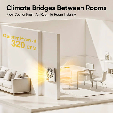 8 Inch Through Wall Room To Room Fan with Remote 320 CFM Air Transfer installed between living areas for climate control