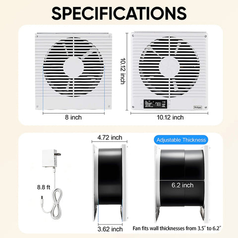 8 Inch Through Wall Room To Room Fan With Remote 320 CFM Air Transfer Temperature Control Reversible Airflow 10 Speeds
