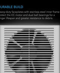 Close-up view of Room To Room AC Infinity 8 Inch Through The Wall Fan with a durable frame and protective grilles.