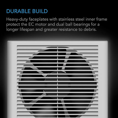 Close-up view of Room To Room AC Infinity 8 Inch Through The Wall Fan with a durable frame and protective grilles.