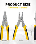 8 Inch Wire Stripper And Crimping Pliers For 10-22 AWG Solid And Stranded Wire with non-slip grip and measurement sizes shown