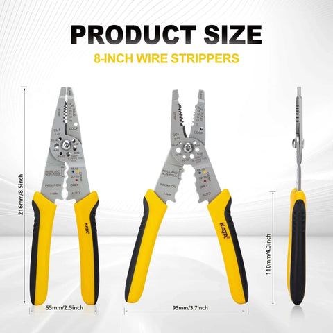 8 Inch Wire Stripper And Crimping Pliers For 10-22 AWG Solid And Stranded Wire with non-slip grip and measurement sizes shown