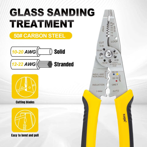 8 Inch Wire Stripper And Crimping Pliers For 10-22 AWG Solid And Stranded Wire with cutting and crimping blades, yellow non-slip grip