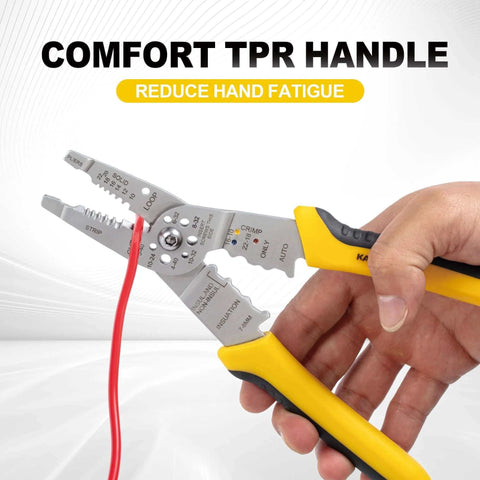 8 Inch Wire Stripper And Crimping Pliers For 10-22 AWG Solid And Stranded Wire, showing comfort TPR handle in use