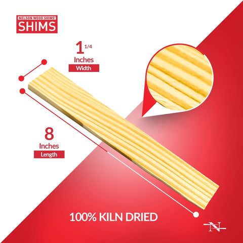 Versatile 8 Inch Wood Shims Set For DIY Projects And Home Improvement By Nelson, showing 8-inch length, 1 1/4-inch width, kiln-dried wood