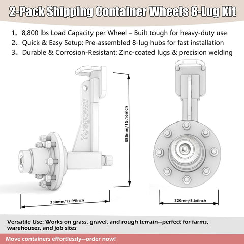 2-Pack Heavy-Duty Shipping Container Wheel Kit With 8 Lug Bolt-On Spindle For Up To 40ft Containers, 15000 Lb Capacity Per Set