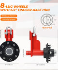 8 Lug Steel Shipping Container Wheel Kit With Ratchet Tie Downs, anti-slip screws shown, 6.5 in axle hub dimensions displayed