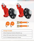 8 Lug Steel Shipping Container Wheel Kit With Ratchet Tie Downs for moving 20ft to 40ft containers, shown with components
