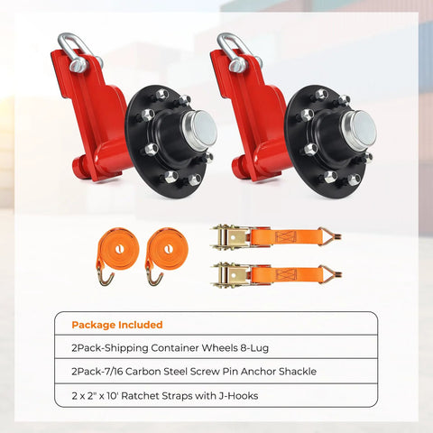 8 Lug Steel Shipping Container Wheel Kit With Ratchet Tie Downs for moving 20ft to 40ft containers, shown with components
