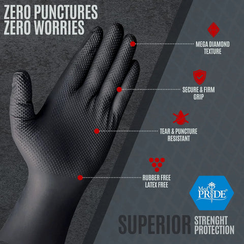 8 Mil Powder Free Nitrile Diamond Textured Gloves Heavy Duty XL 100 Pack showing diamond texture and features.