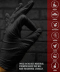 Hand wearing 8 Mil Powder Free Nitrile Diamond Textured Gloves Heavy Duty XL showing grip texture against industrial icons backdrop.