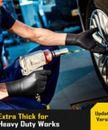 Mechanic wearing 8 Mil Disposable Nitrile Gloves With Diamond Textured Grip 100 Count while fixing car wheel