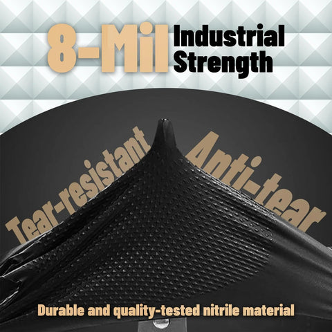 Heavy Duty Diamond Grip Nitrile Gloves 8 Mil Puncture and Chemical Resistant 100 showing black material with tear-resistant label