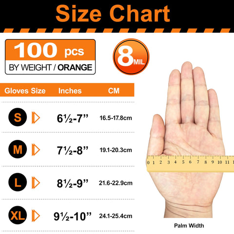 Size chart for 8 Mil Nitrile Disposable Gloves Latex Free With Diamond Texture Tear Resistant, showing glove sizes S to XL.