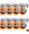 2 Inch Casters With Side Brake Set Of 8 Orange Polyurethane Swivel Plate Wheels For Workbenches And Carts