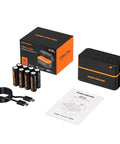 8 Pack High Capacity 3600mWh AA Li-ion Rechargeable Batteries With Charger, charger, and cable on white background