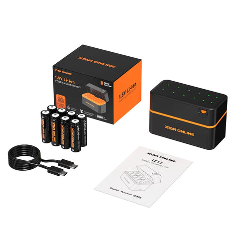 8 Pack High Capacity 3600mWh AA Li-ion Rechargeable Batteries With Charger, charger, and cable on white background