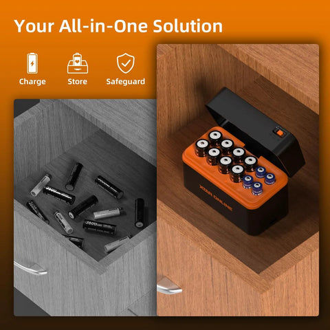 8 Pack High Capacity 3600mWh AA Li-ion Rechargeable Batteries With Charger stored in a drawer with lid open