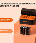 8 Pack High Capacity 3600mWh AA Li-ion Rechargeable Batteries With Charger displayed with open slots and batteries
