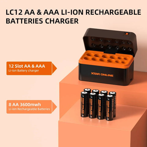 8 Pack High Capacity 3600mWh AA Li-ion Rechargeable Batteries With Charger displayed with open slots and batteries