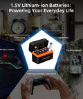 Image showing 8 Pack High Capacity 3600mWh AA Li-ion Rechargeable Batteries With Charger surrounded by everyday devices.
