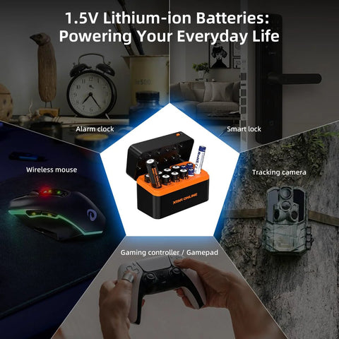 Image showing 8 Pack High Capacity 3600mWh AA Li-ion Rechargeable Batteries With Charger surrounded by everyday devices.