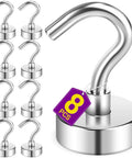 Hook magnets set of 8 with stainless steel design, featuring strong magnetic base for secure placement on metal surfaces.