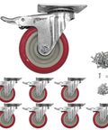 8 piece 4 inch heavy duty locking swivel casters with brakes, set designed for carts and workbenches with a 2200 lb load capacity, close-up view.
