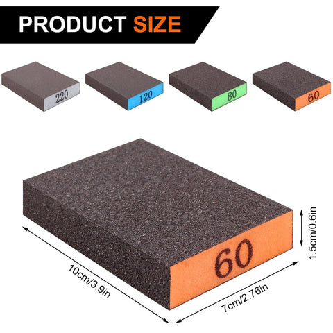 Close-up of 8 Pack Sandpaper Blocks with Grits 60 80 120 220, showing size 10cm x 7cm x 1.5cm and color-coded grits