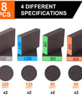 8 Pack Sandpaper Blocks With Grits 60 80 120 220 Washable Reusable Sponges, four colored blocks showing grit levels and texture