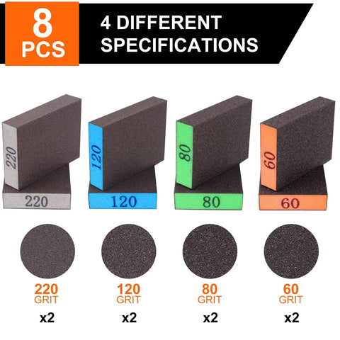 8 Pack Sandpaper Blocks With Grits 60 80 120 220 Washable Reusable Sponges, four colored blocks showing grit levels and texture