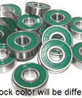 8-Pack Skateboard Bearings Nylon Cage Sealed Ball Bearings in various angles, featuring green seals and carbon steel construction.