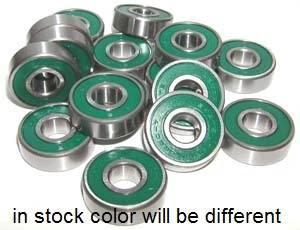 8-Pack Skateboard Bearings Nylon Cage Sealed Ball Bearings in various angles, featuring green seals and carbon steel construction.