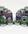 8-Pack Skateboard Bearings Nylon Cage Sealed Ball Bearings displayed in two sets with green seals, showcasing dual rubber seal design.