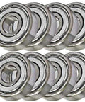 Close-up of 8-Pack Stainless Steel Skateboard Bearings showcasing shielded design and smooth finish.