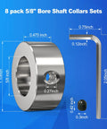 Heavy Duty Built To Last Eight Pack Five Eighths Bore Zinc Plated Carbon Steel Shaft Collars Set Screw Style with Allen wrench