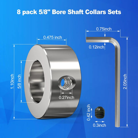 Heavy Duty Built To Last Eight Pack Five Eighths Bore Zinc Plated Carbon Steel Shaft Collars Set Screw Style with Allen wrench