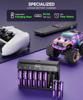 8 Pack Rechargeable AA/AAA Batteries With USB-C Charger And 3500mWh Capacity next to gaming controller and toy truck