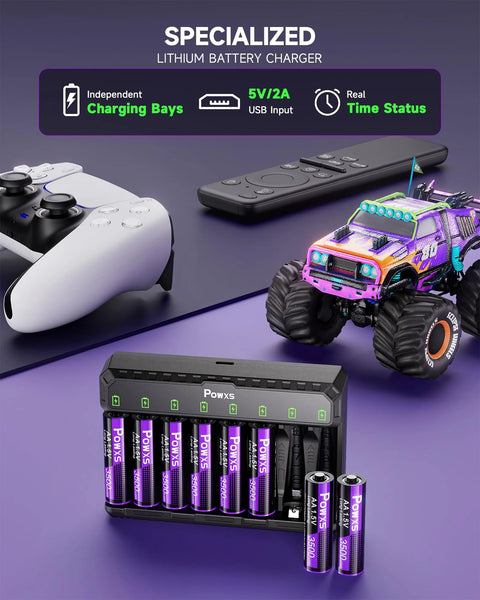 8 Pack Rechargeable AA/AAA Batteries With USB-C Charger And 3500mWh Capacity next to gaming controller and toy truck