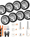 8 Pcs Luggage Wheels Replacement Kit with 2 Inch TPU Rubber Double Row Spinner Wheels and assorted tools for suitcase repair.
