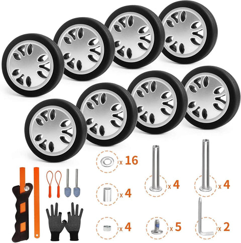8 Pcs Luggage Wheels Replacement Kit with 2 Inch TPU Rubber Double Row Spinner Wheels and assorted tools for suitcase repair.