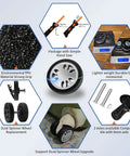 8 Pcs Luggage Wheels Replacement Kit with 2 Inch TPU Rubber Double Row Spinner Wheels featuring installers, saw, and replacement parts.