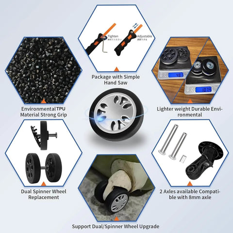 8 Pcs Luggage Wheels Replacement Kit with 2 Inch TPU Rubber Double Row Spinner Wheels featuring installers, saw, and replacement parts.