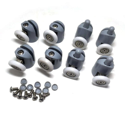8 Pcs Shower Door Rollers Replacement Set with 25mm wheels for glass doors, includes screws and caps, top and bottom view