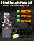 Front view of 3200 PSI Hydraulic Power Unit, 12V DC Double Acting Hydraulic Pump with 8 Quart Metal Oil Reservoir for dump trailers.