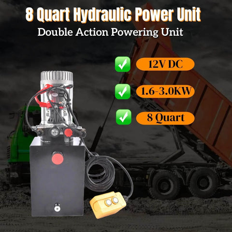 Front view of 3200 PSI Hydraulic Power Unit, 12V DC Double Acting Hydraulic Pump with 8 Quart Metal Oil Reservoir for dump trailers.