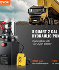 8 Quart Hydraulic Power Unit, Double Acting Dump Trailer Pump, visible with truck and hydraulic pump in foreground, DC 12V