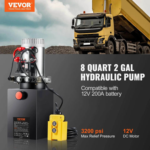 8 Quart Hydraulic Power Unit, Double Acting Dump Trailer Pump, visible with truck and hydraulic pump in foreground, DC 12V