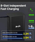 8 Slot Rechargeable Battery Charger Kit With 4 AA And 4 AAA Li Batteries showing fast charging times and slot indicators