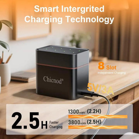 Rechargeable AA And AAA Lithium Batteries 8 Slot Charger 3800mWh with USB-C charging on wooden table.